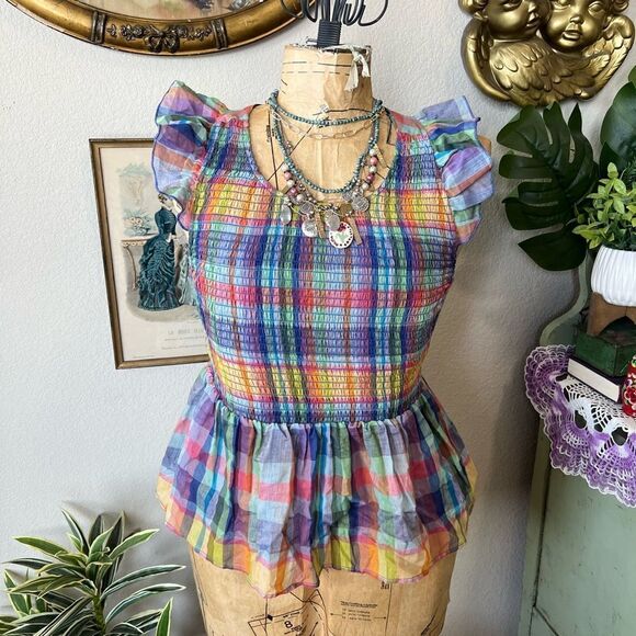 Mi Ami Colorful Plaid Preppy Peplum Smocked Ruffle Flutter Sleeve Blouse Sz XS - Picture 2 of 11